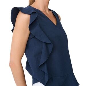 J.McLaughlin Athena Linen-Cotton Blend Navy Ruffle Sleeve Blouse Size Small